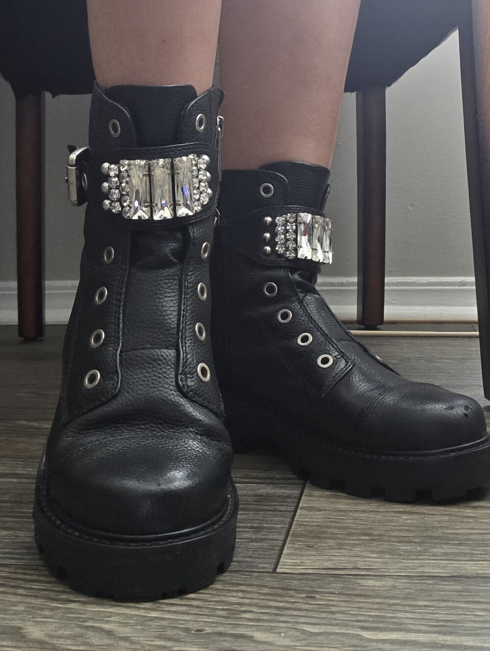 Karl Lagerfeld Women Black Leather Lace-Up Crystal Strap Combat Boots, Used.
